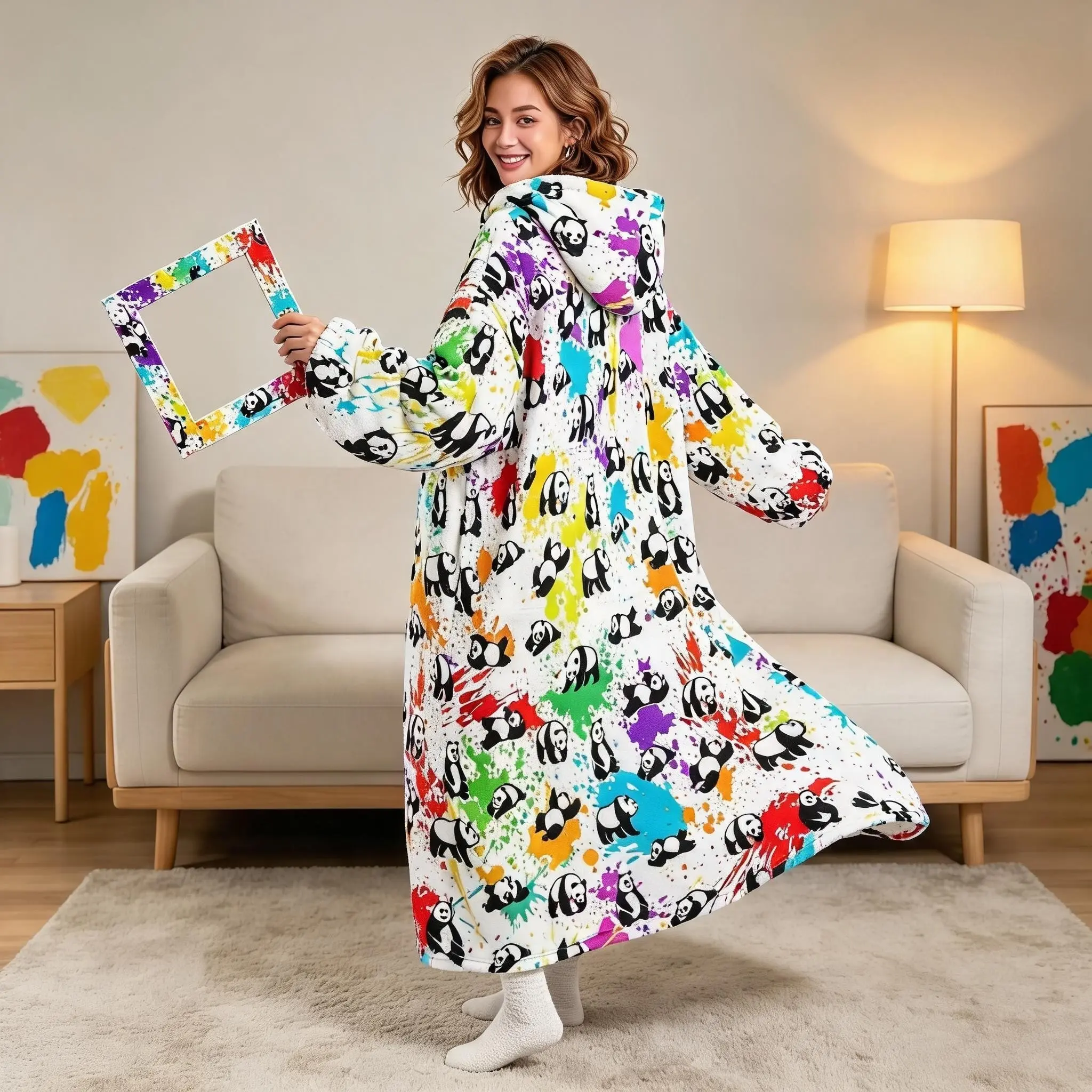 Trendy Hooded Wearable Blanket, Panda Print Street Style, Thick Padded with Large Pocket, Perfect for Home, Games, Dorms, Halloween, Birthday Gifts