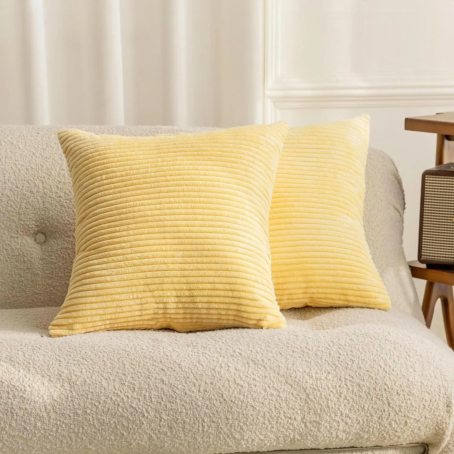 Light Yellow Square Plush Corduroy Throw Pillow Covers, 2-Piece Summer Indoor Sofa Decor Set, 18x18 in Couch Decor Accessories