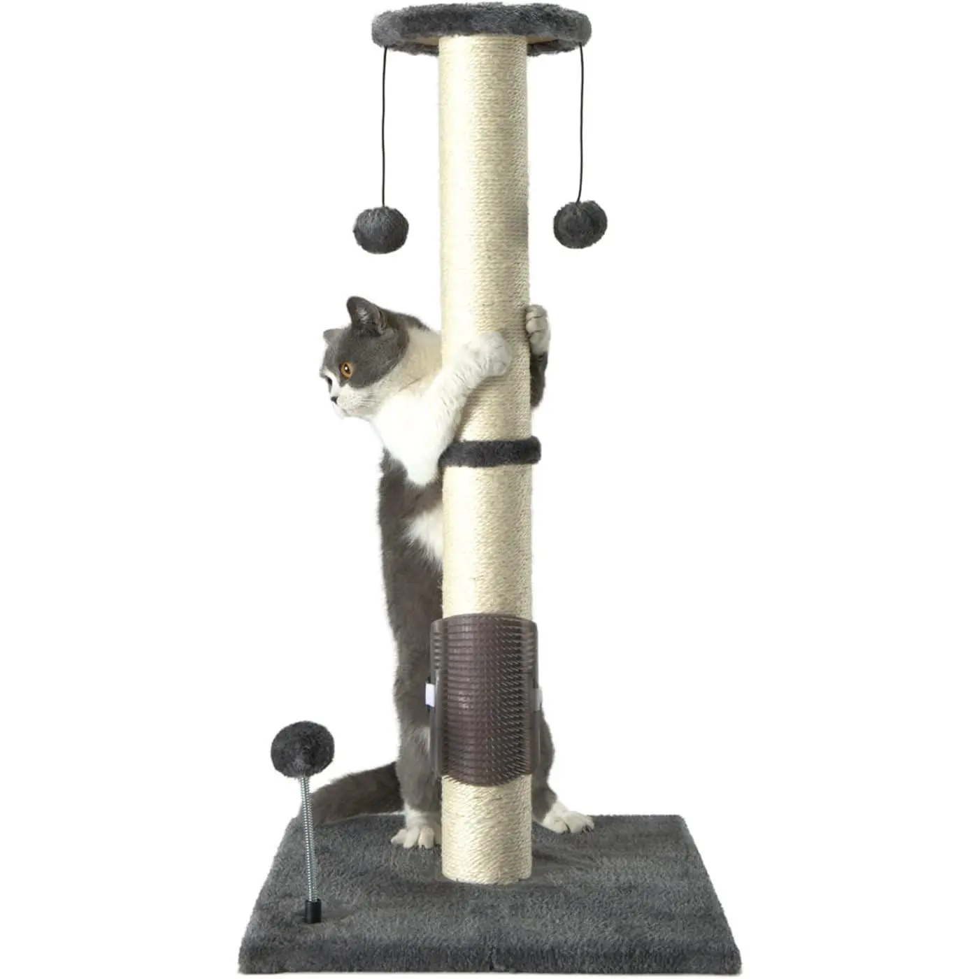 32" Tall Sisal Vertical Cat Scratching Post with Hanging Ball and Self-Massage Brush, Gray Scratcher for Indoor Cats and Kittens