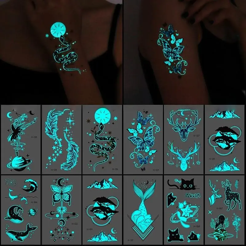 12 Blue Glow-In-The-Dark Butterfly Tattoo Stickers, Waterproof Temporary Tattoos, Body Art for Women, Music Festival Special