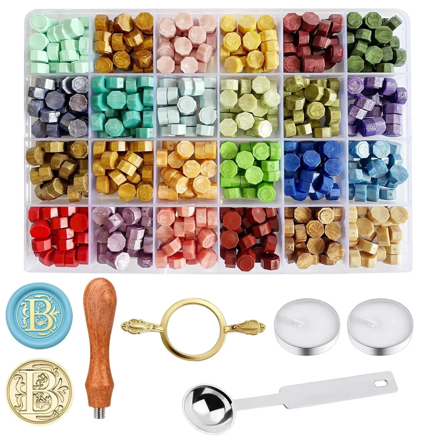 Wax Seal Stamp Kit - 24-Color Colorful Beads, Personalized Embosser Stamp, Steel Melting Spoon, Tea Candles, Round Molds - Ideal for Wedding Uses, Envelopes (B)