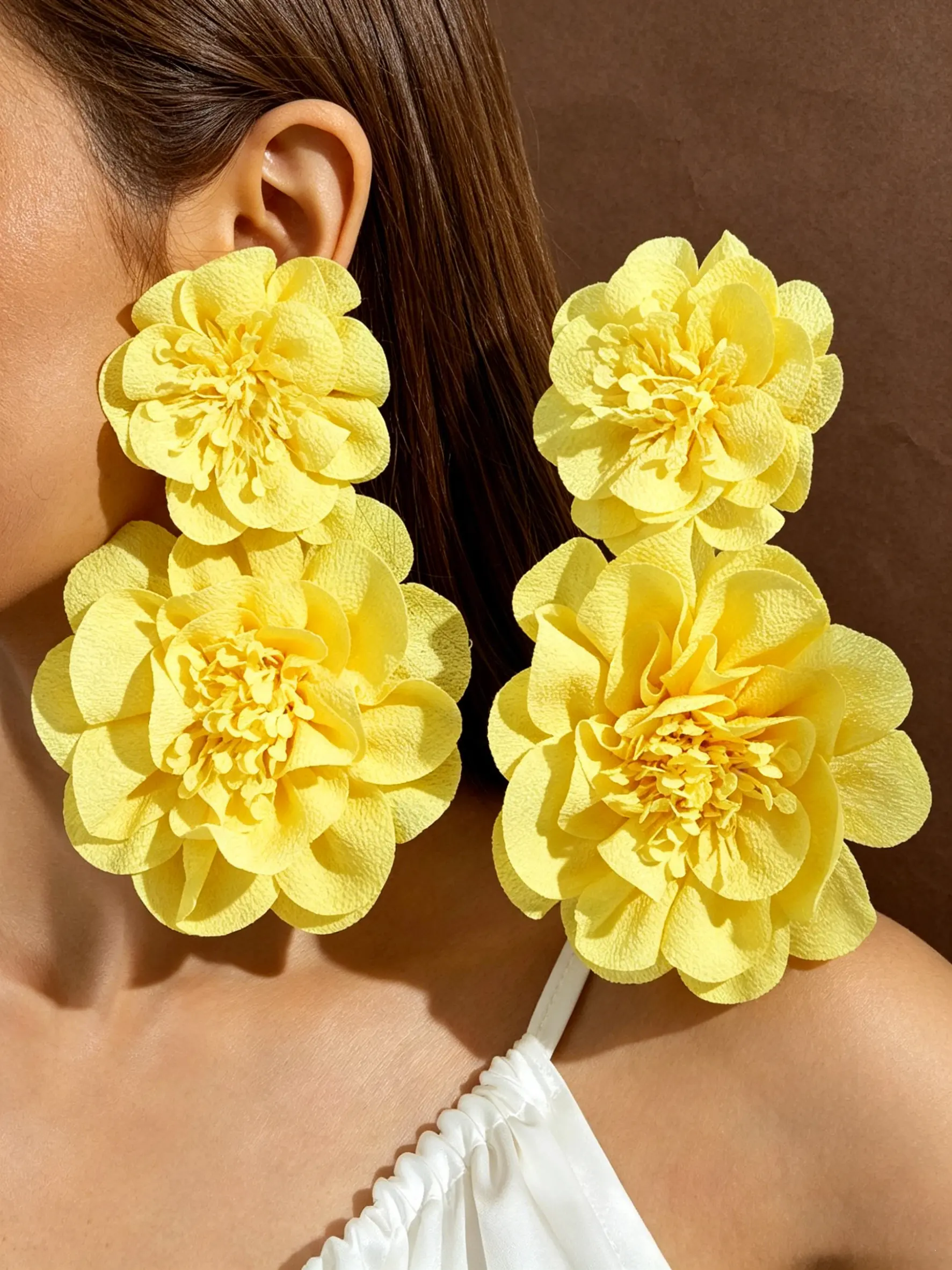 2 Tier Large Fabric Flower Drop Dangle Earrings, 4 Colors White Yellow Black Red Available, Big Double Floral Statement Long Drop Earrings, Lightweight Comfortable For Beach Wedding Party Vacation, Bohemian Earrings, Women Boho Fashion Jewelry Gift