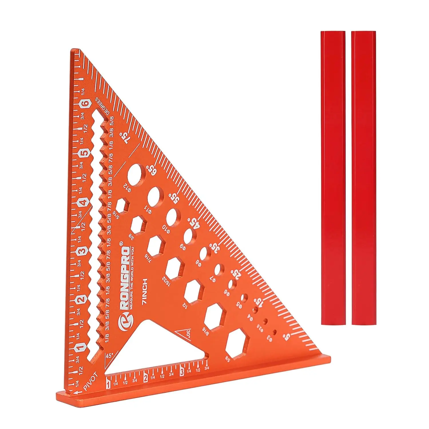 6-in-1 Carpenter Square 7 inch,  Rafter Square, Multi-Purpose Carpenter Tools : Wrench, Square, Protractor, Ruler,Marking Gauge, Drill Gauge, Includes 2 count Carpentry Pencil
