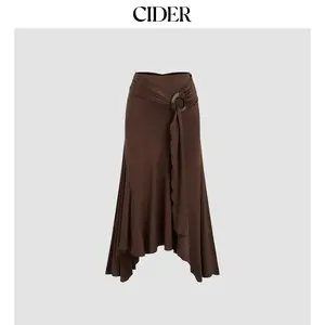 Cider Mid Rise Ruffle Hem Ruched Maxi Skirt