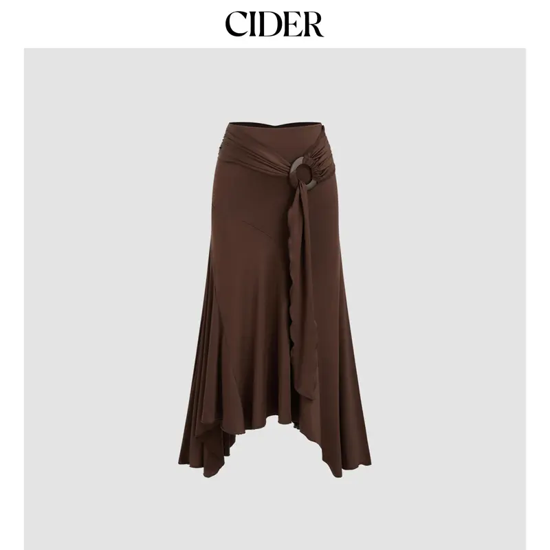 Cider Mid Rise Ruffle Hem Ruched Maxi Skirt