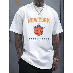 Men's New York Basketball Graphic T-Shirt- 100% Cotton Breathable Lightweight Regular Fit Tee with Vibrant Orange Blue Skyline Print, Casual Short Sleeve for Sports Outdoor Summer Wear, Perfect Gift for Basketball Fans, Breathable Sports Shirt S-DK.X