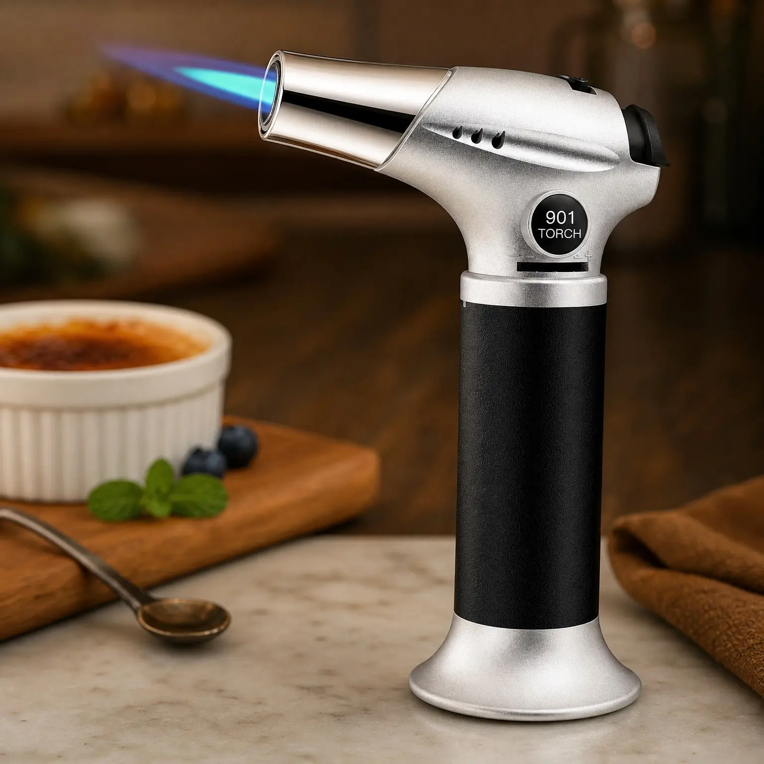 Kitchen Butane Torch with Safety Lock for Baking, Crafts & Steak | 2500°F Adjustable Continuous Flame, One-Button Piezo Ignition, Ergonomic Comfort Grip, 3 Refill Adapters (Butane Not Included)