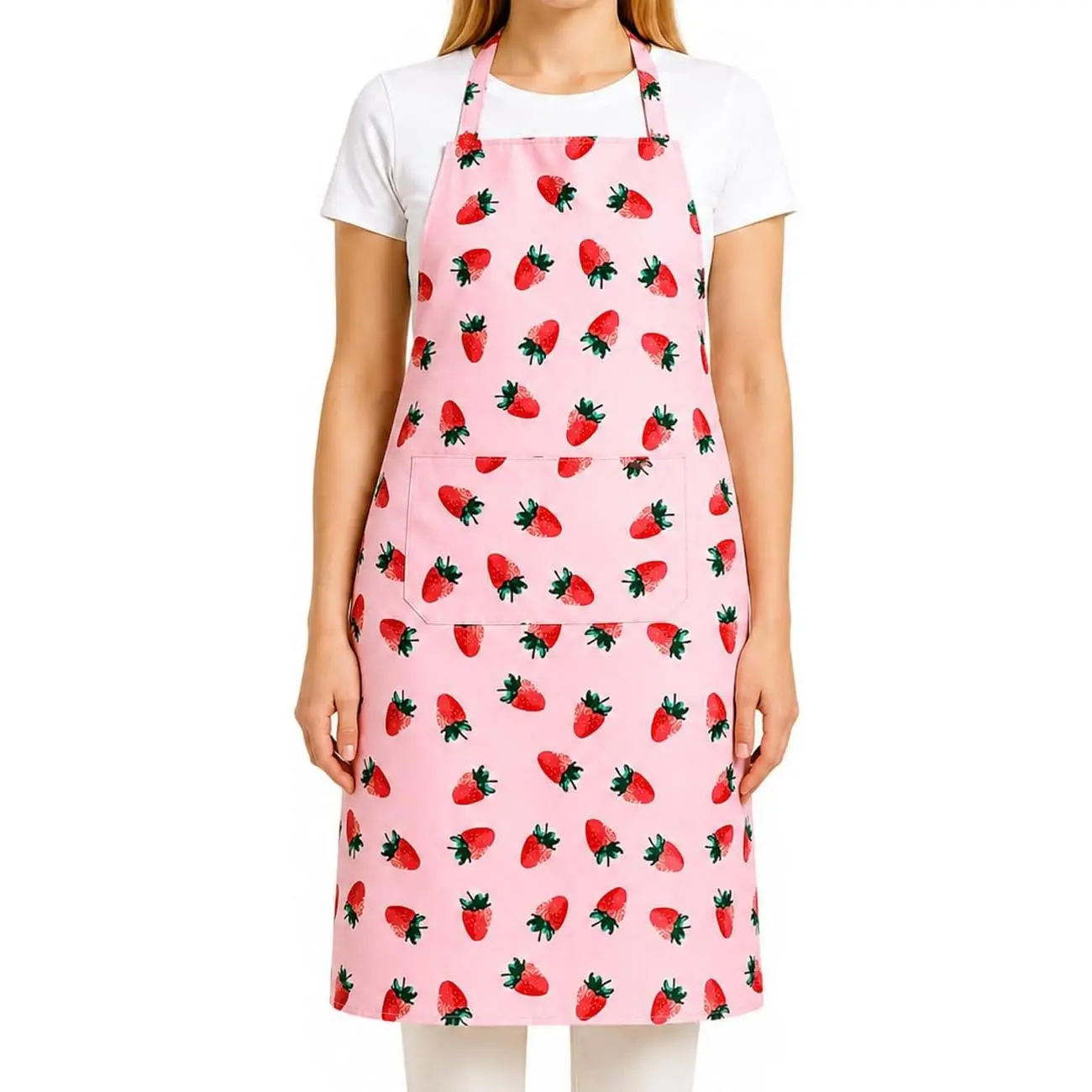 Cute Bib Apron with 2 Pockets Waterproof Pinafore Strawberry Print Gardening Cooking Kitchen Apron Women