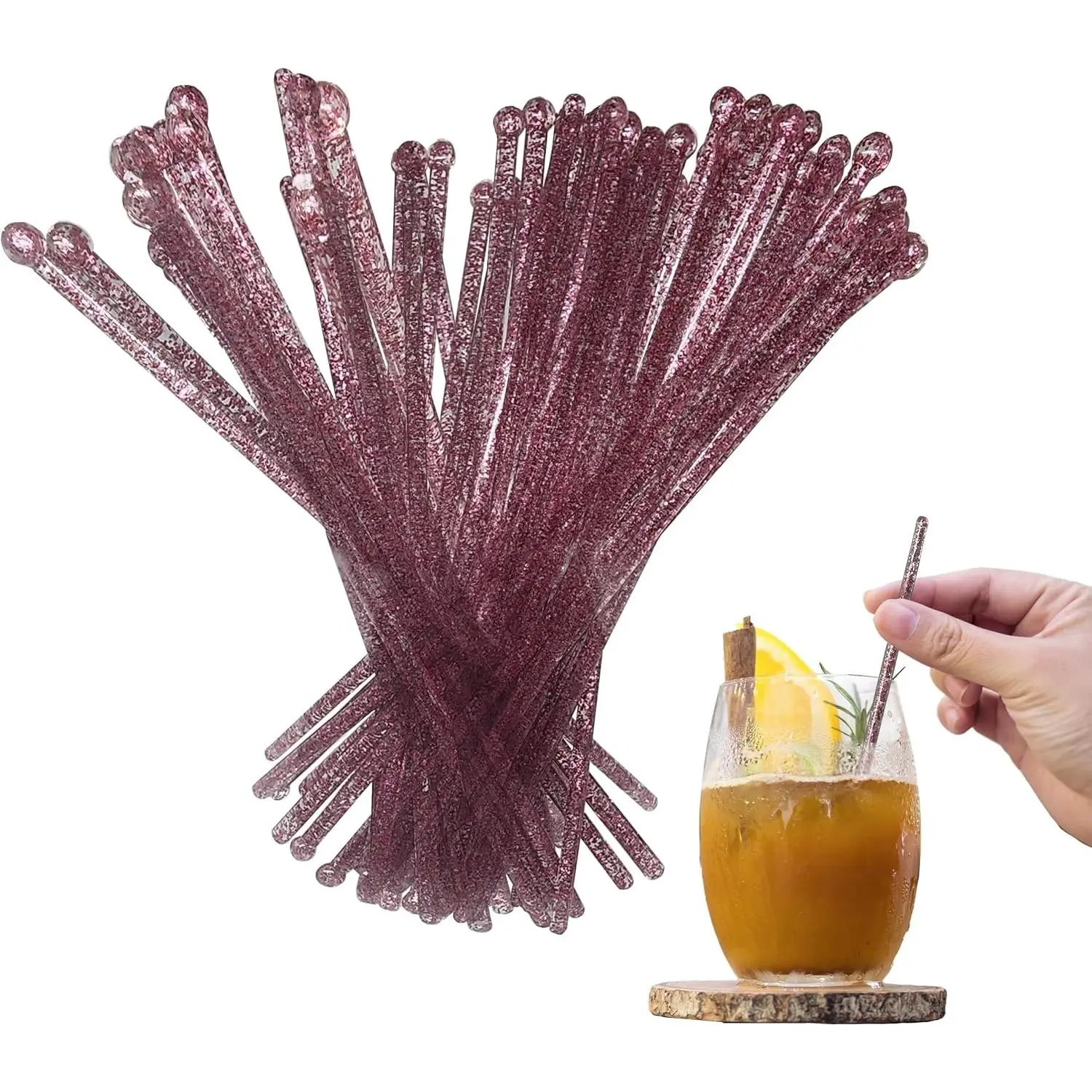 100 Pack 6 Inch Pink Reusable Plastic Coffee & Cocktail Stirrers, Ball Head Swizzle Sticks for Cocktail Garnish, Cake Pop Sticks, Restaurant Supplies