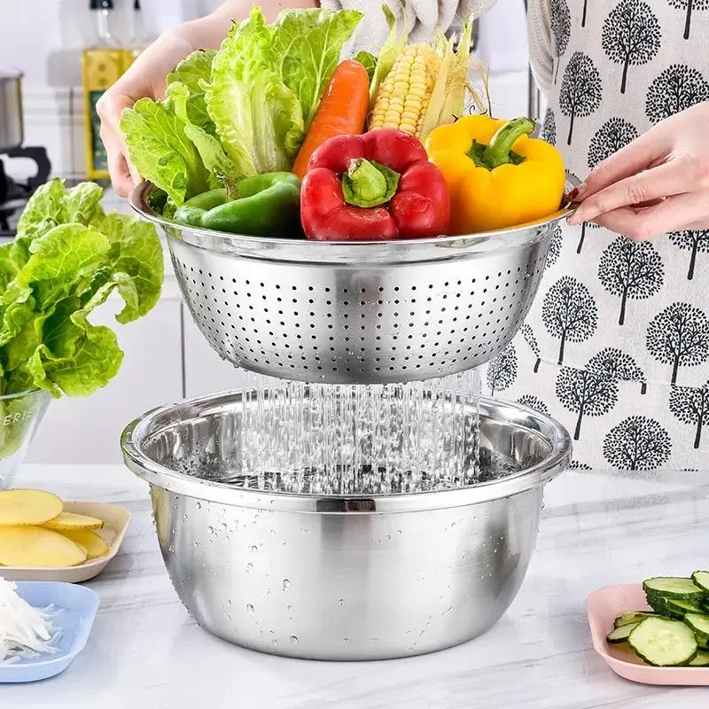 Three-In-One Stainless Steel Multi-Function Water Filter Set, Includes Basin/sieve/cutter, Ideal for Washing Rice Fruits Vegetables