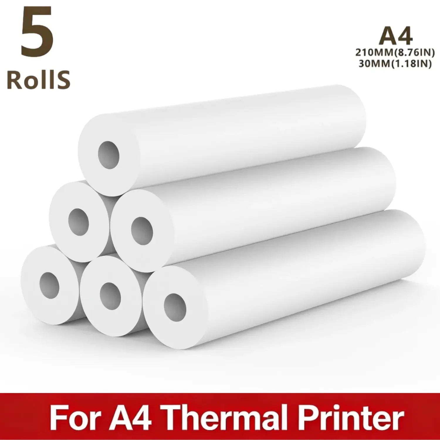 5 Rolls A4 Thermal Paper HD Thermal Printing Paper 210x30mm, Portable Printer Paper Rolls, Individual Package for Wireless Bluetooth Anti-Scratch Design Easy to Store