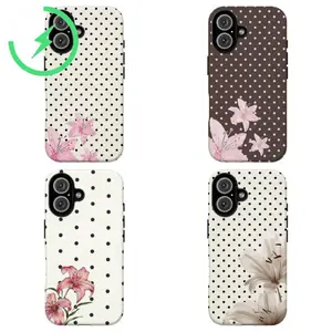 Magnetic for iPhone 16e Brown Polka Dot Pink Lily Phone Case,White Polka Dot & White Lily Phone Case,Retro Floral Tough Case For iPhone 11 12 13 14 15 16 17 Air Pro Max Case,Gift for her/him
