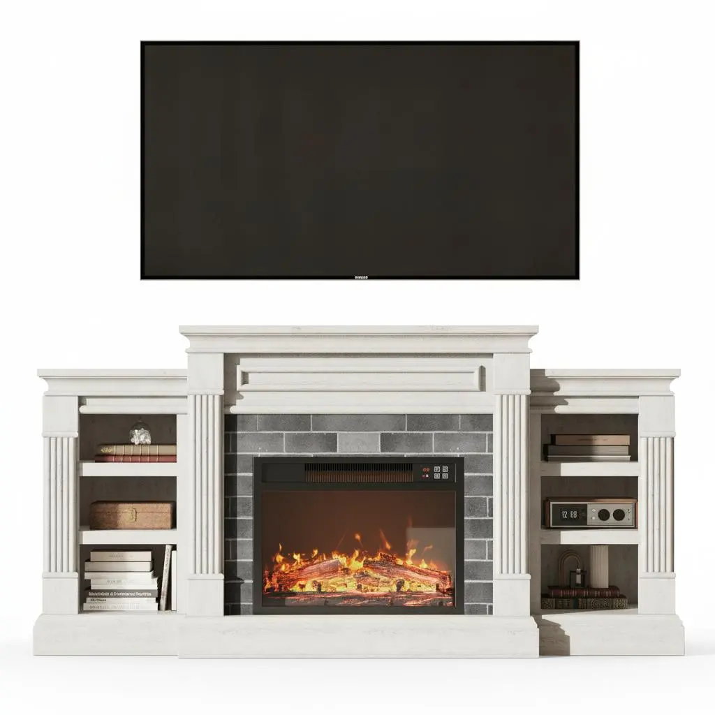 Modern 71'' Electric Fireplace TV Stand with Mantel - Stacked Stone Surround Entertainment Center - Storage for TVs up to 80'' - 3D Flame Effect