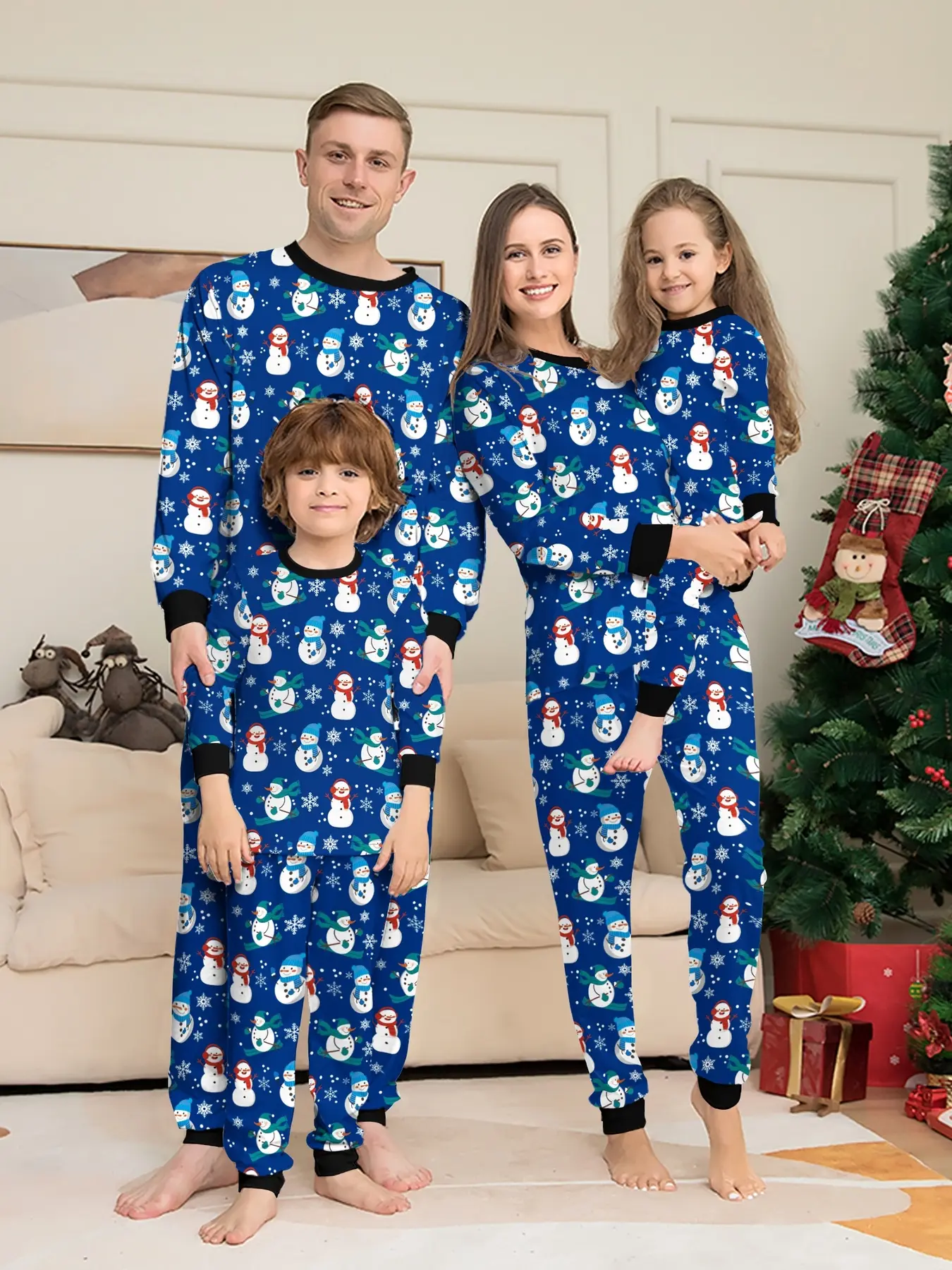 Royal Blue All Over Print Snowman Snowflake Matching Family Christmas Pajama Set, Black Trim Crew Neck Cuffed Loungewear, Soft Sleepwear for Adults Kids Couple, Unique Cool Tone Xmas Matching Outfits for Family of 3 & 4