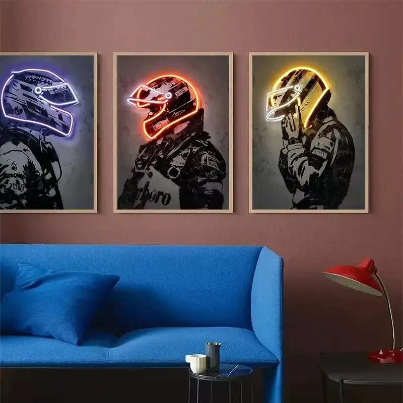 3pcs Abstract Neon Light Effect Racing Suit Print Poster Elton Senna Graffiti Mural Oil Painting Living Room Decoration Retro Picture Frameless Hanging Painting