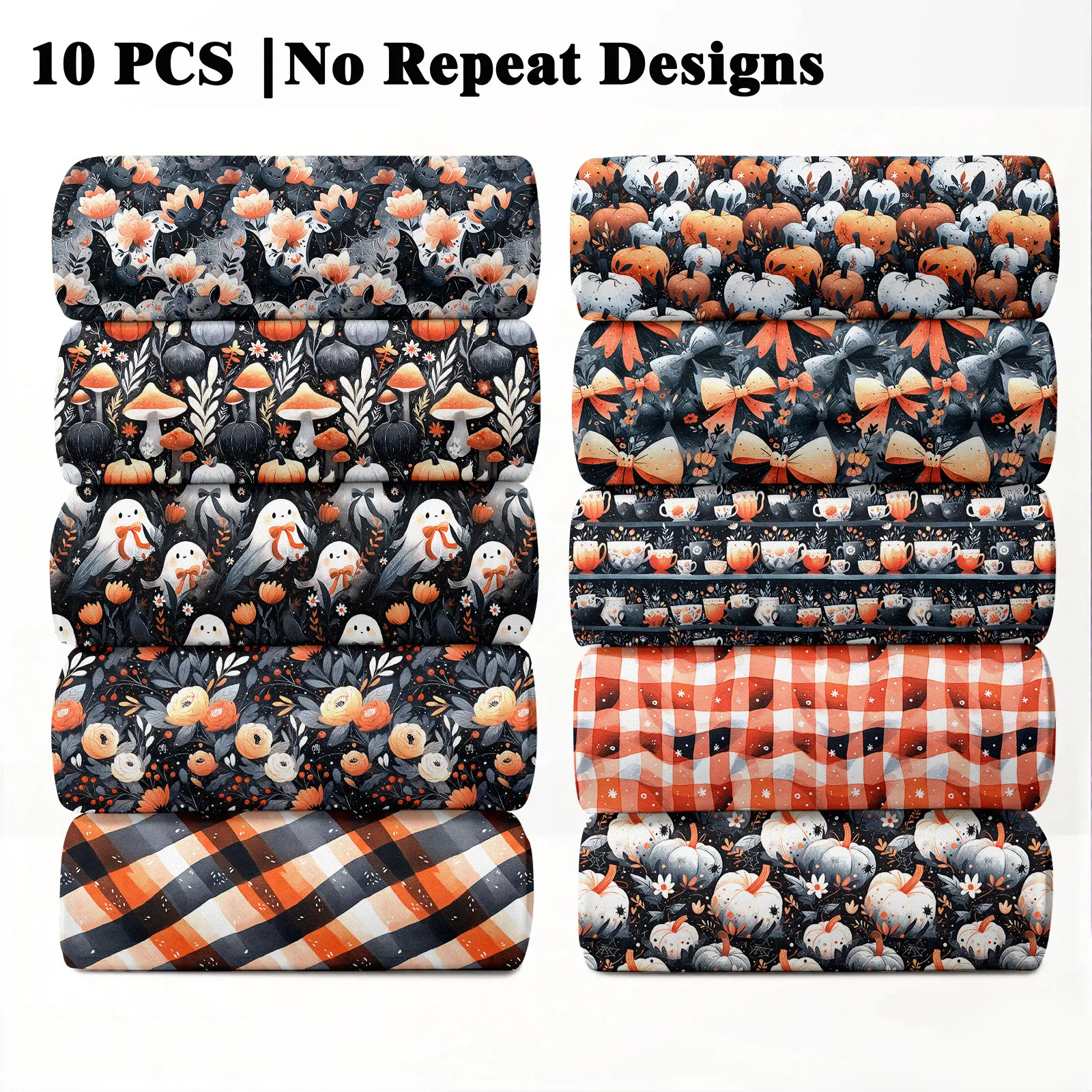 10PCS Cottagecore Halloween Decorative Print Fabric, 23x55cm (9x22in) Rural Spooky Theme Pattern Quilting Home Decor DIY