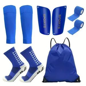 Adult Sporty Protective Gear Blue 5-Piece Football Equipment Set: Leg Sleeves, Shin Guards, Dotted Football Mid-Short Socks, Adults