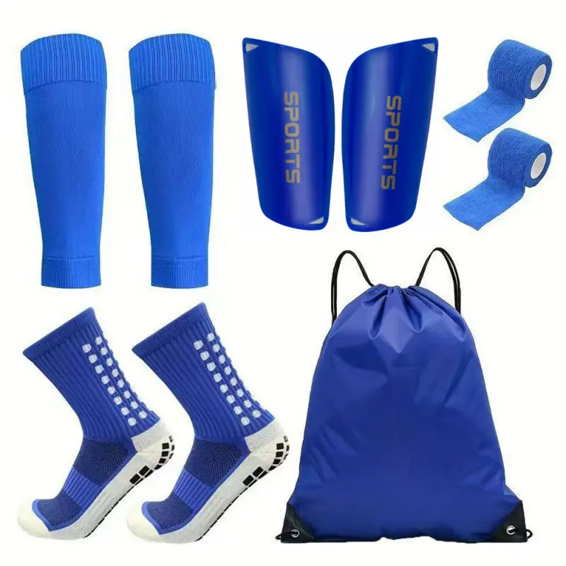 Adult Sporty Protective Gear Blue 5-Piece Football Equipment Set: Leg Sleeves, Shin Guards, Dotted Football Mid-Short Socks, Adults