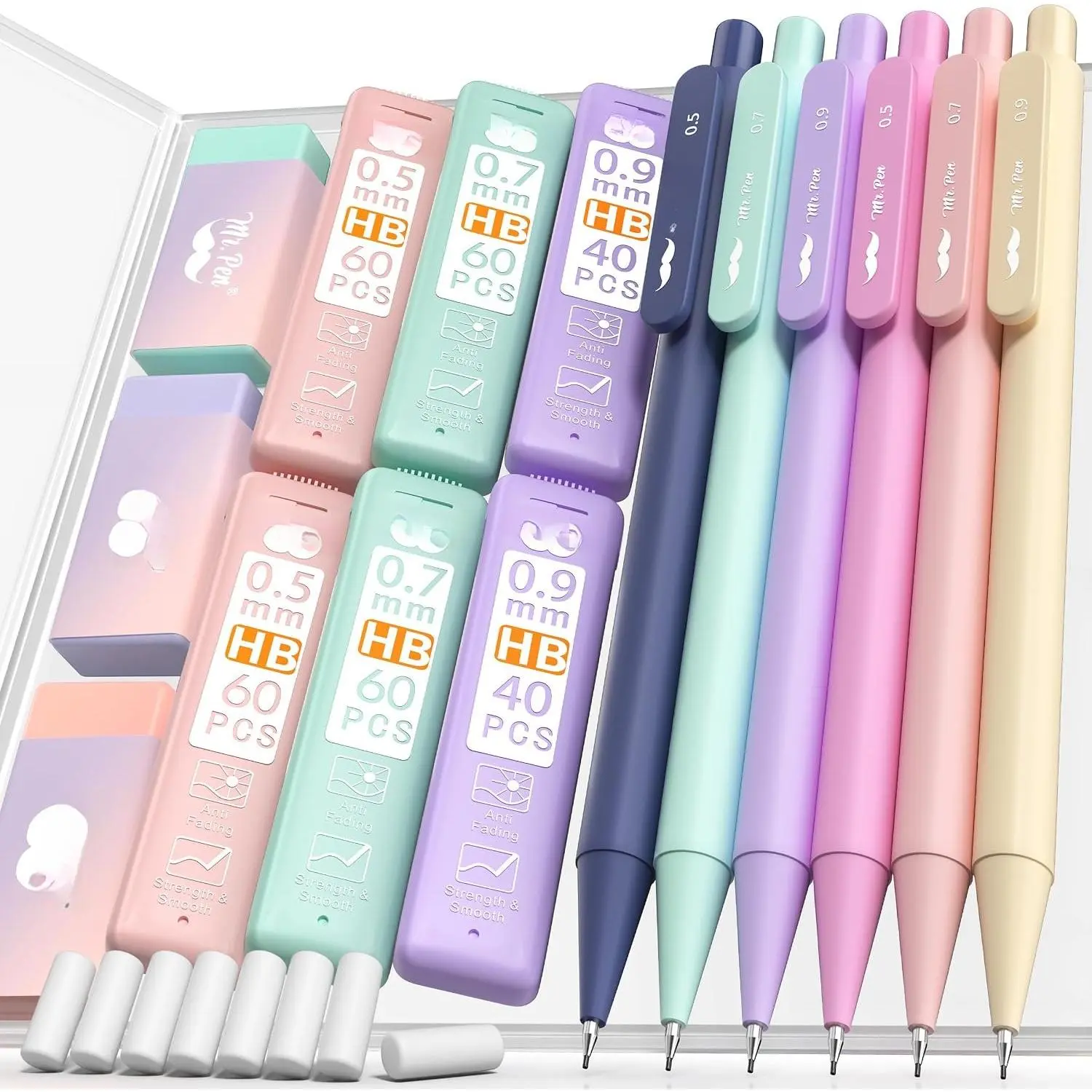 - Pastel Mechanical cil Set with Lead Refills & Erasers, 6 Pack | 3 Sizes, 0.5 0.7 & 0.9mm, 6x Tubes HB Lead Refill, 3x Eraser for School Supplies, Students, Drawing & Sketching
