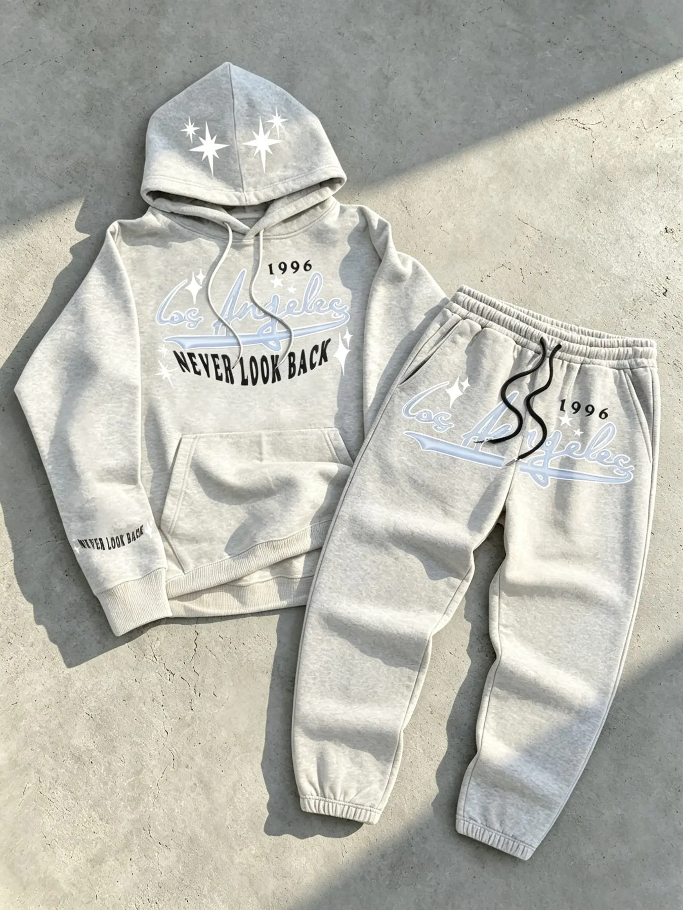 Men's Two-Piece Set, Los Angeles 1996 Star Print Sports Suit, Hooded Sweatshirt + Jogger Pants, Casual Streetwear, Fall & Winter