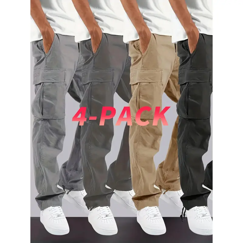 Menswear 4-Pack Baggy Cuffed Cargo Pants - Loose-Fitting Drawstring Trousers, Multi-Pockets, Machine-Washable, Sporty, 4-in-1 Multi-Pack for Outdoor Spring & Autumn, Cuffed Cargos Pants