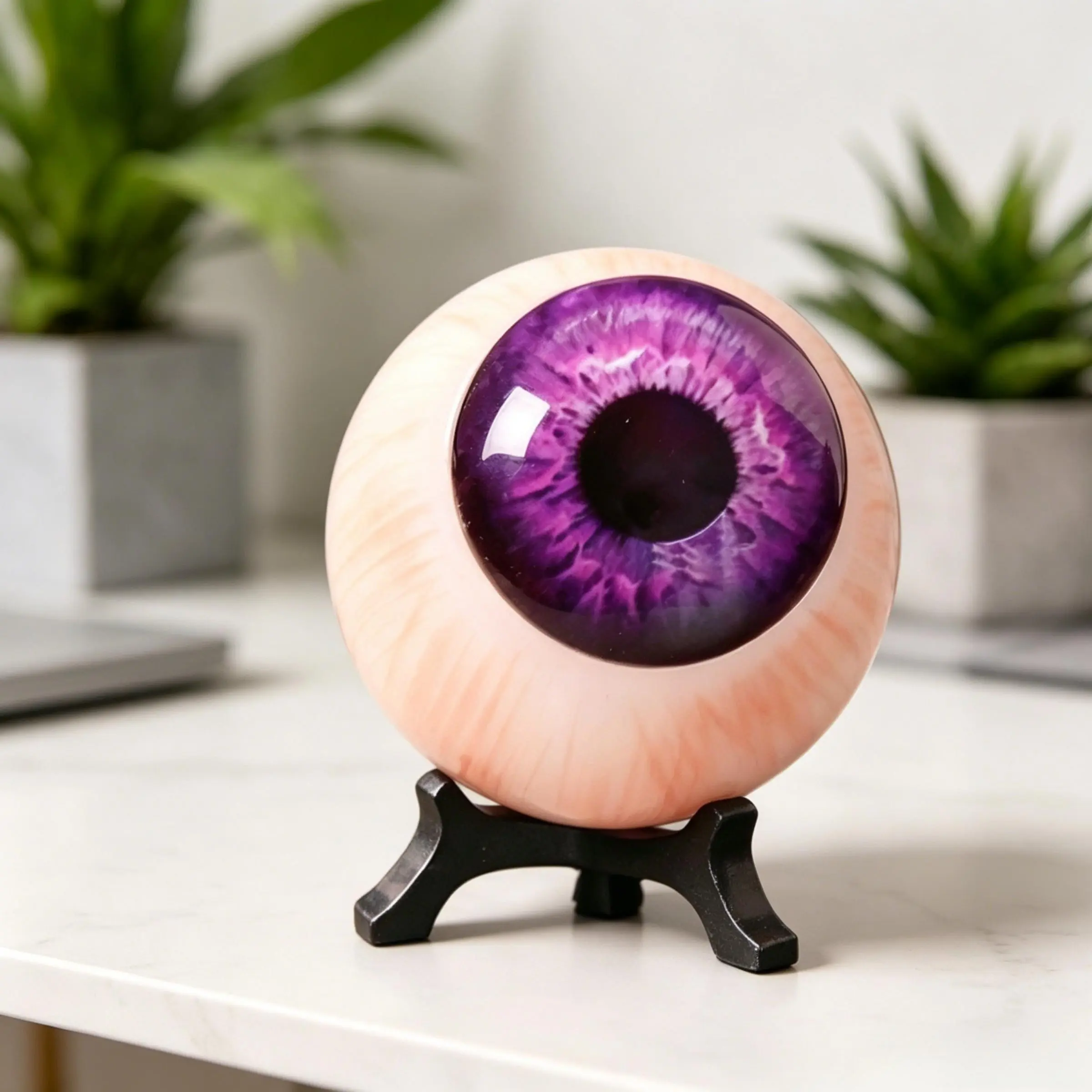 Realistic Giant Purple Eyeball Resin Statue with Stand, Spooky Halloween Fake Eye Prop, Gothic Desktop Decor Ornament for Horror Party Home Table Decoration Gift