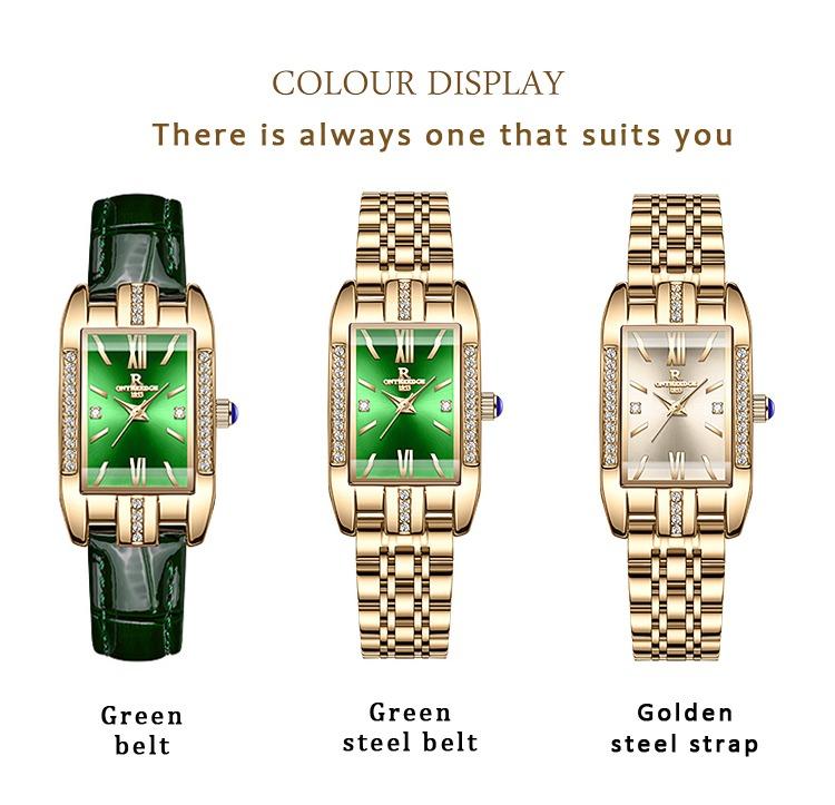 Women's Luxury Gold Rectangle Quartz Watch - Green Dial with Crystal Diamond Accents, Roman Numerals, Stainless Steel Band, Elegant Dress Wristwatch, Perfect Gift for Her