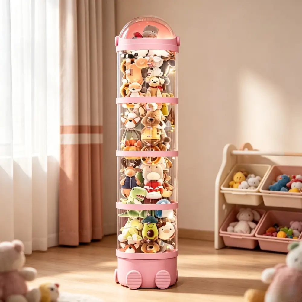 Thick Three-Layer Transparent Stuffed Toy Storage Tube, Multi-Compartment Organizer, Space-Saving Standing Cylinder, Practical Sorting Box