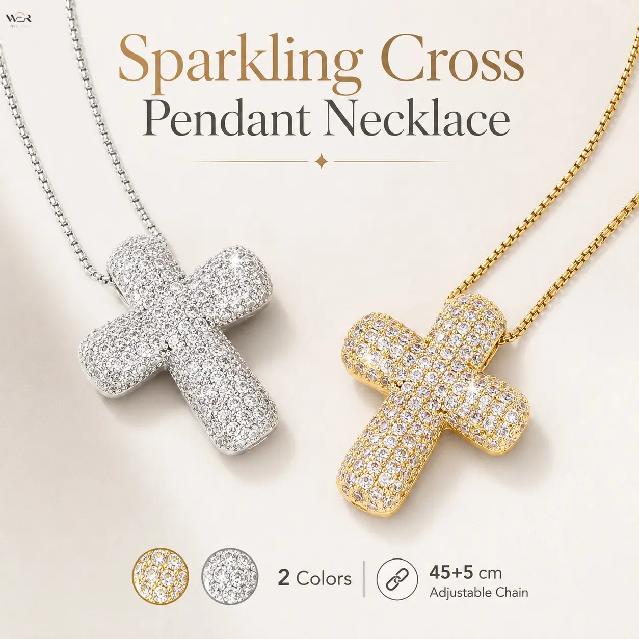 Paved CZ Crystal Chunky Puffy Cross Pendant Necklace for Women, Gold Silver Two Tone Box Chain with 45+5cm Adjustable Extender, Sparkling Religious Faith Jewelry, Lightweight Dainty Statement Necklaces for Daily Wear Baptism Party Birthday Gift