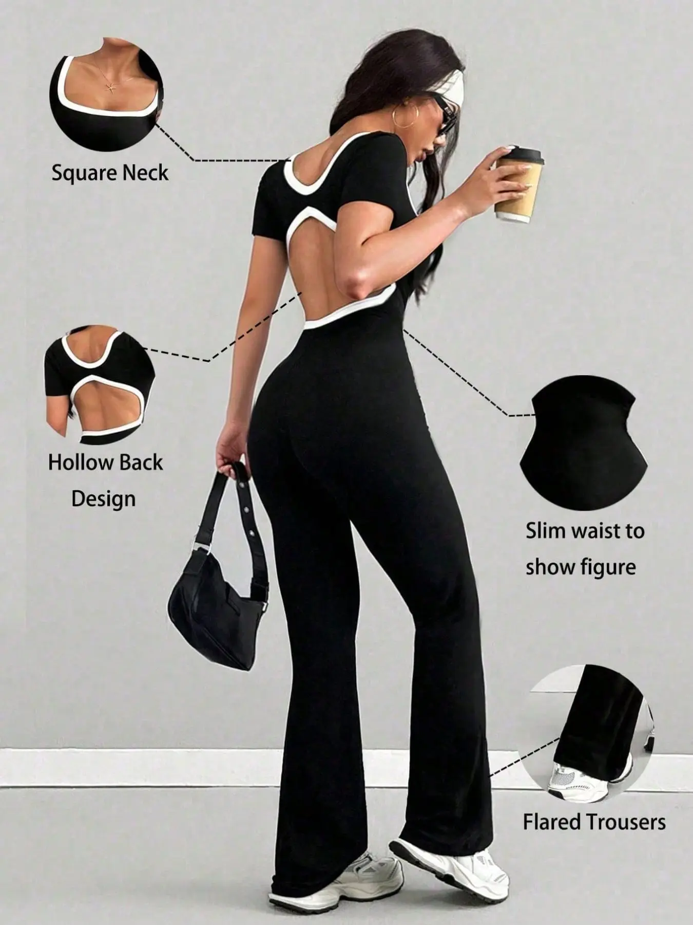 Women's Jumpsuit, Square Neck Short Sleeve, Chic Fashionable Hollow Out Back, Comfortable Elastic Knit, Y2K Style, Flared, Summer New Arrival