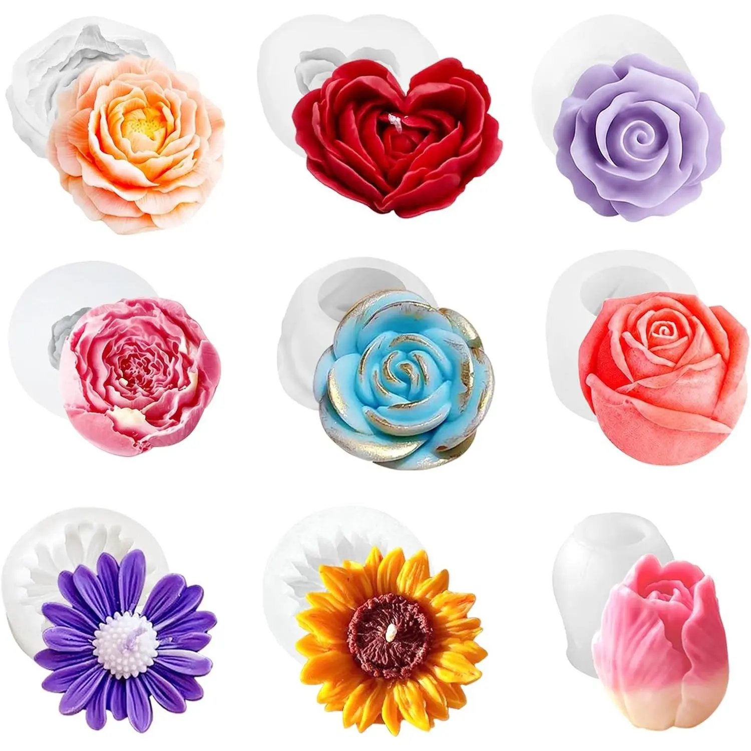 9 Pcs 3D Silicone Flower Molds for Candle Soap Cake Chocolate Making | Food-Grade Reusable Easy Demold Rose Tulip Daisy Peony Molds for Candle Soap Cake Candy Clay Crafts