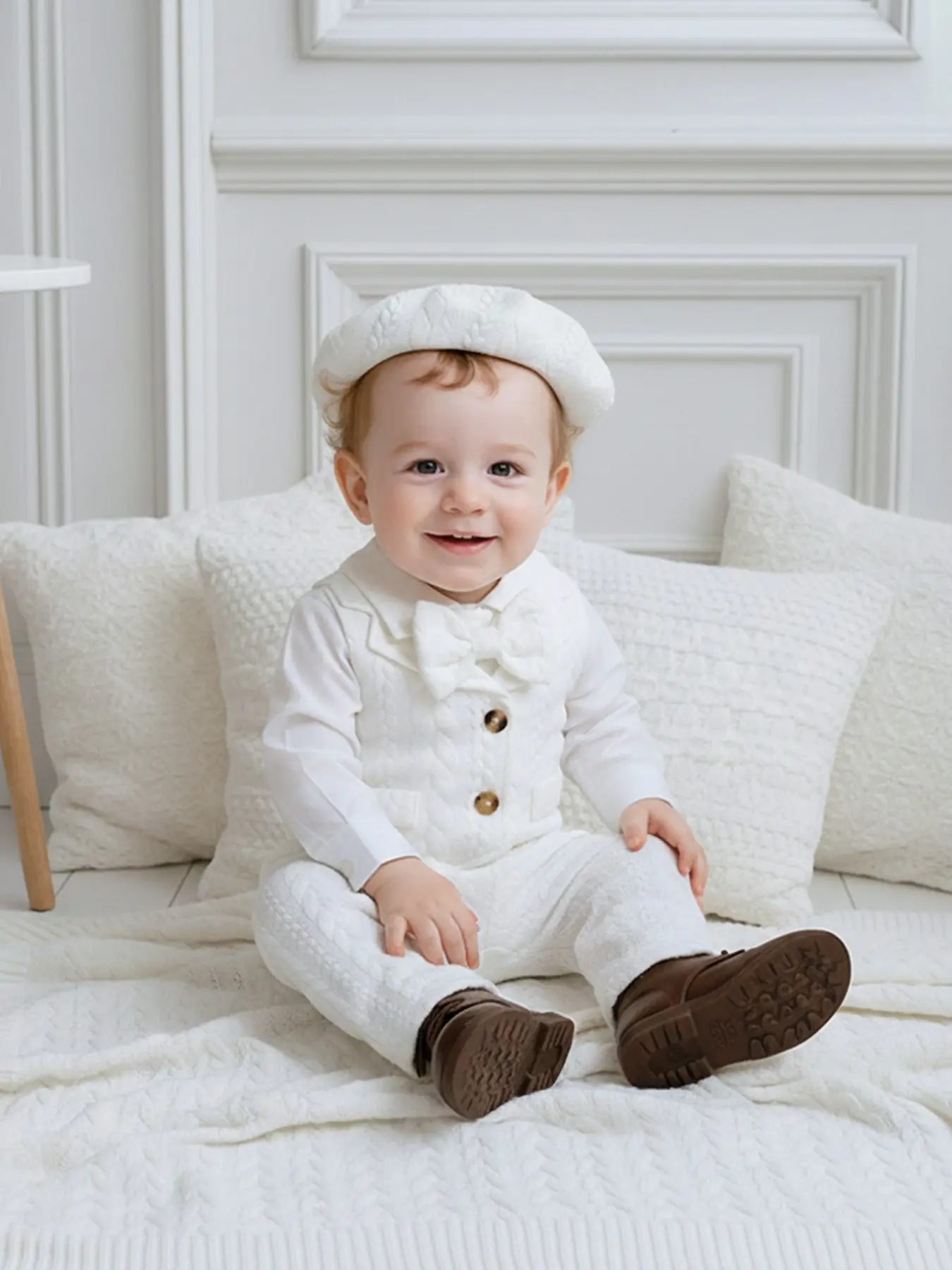 3-Piece Baby Boy Baptism Set, Gift Sets, Hoodie, Pants, Hat, Bow Tie, Fashion Gentleman Suit, Perfect for Fall Winter Casual Wear