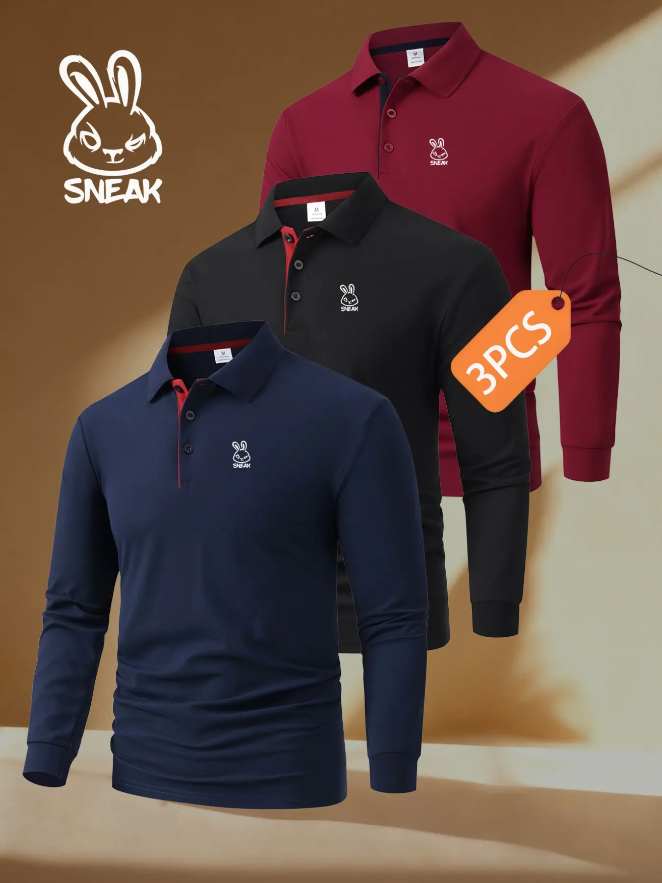 Men's 3-Piece Fashion Print Long Sleeve Polo Shirt Set, Casual Sporty High-End Colorblock, Comfortable Versatile Fit, Button-Up Golf Shirt