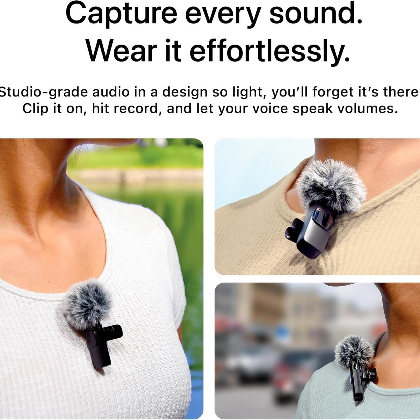 Wireless Microphone Set, Professional Wireless USB Rechargeable Mic, Directional Sensing Lavalier Microphone, Rechargeable Lapel Mic, Recording Microphone for Interview, Audio for Podcast, Vlog, Video