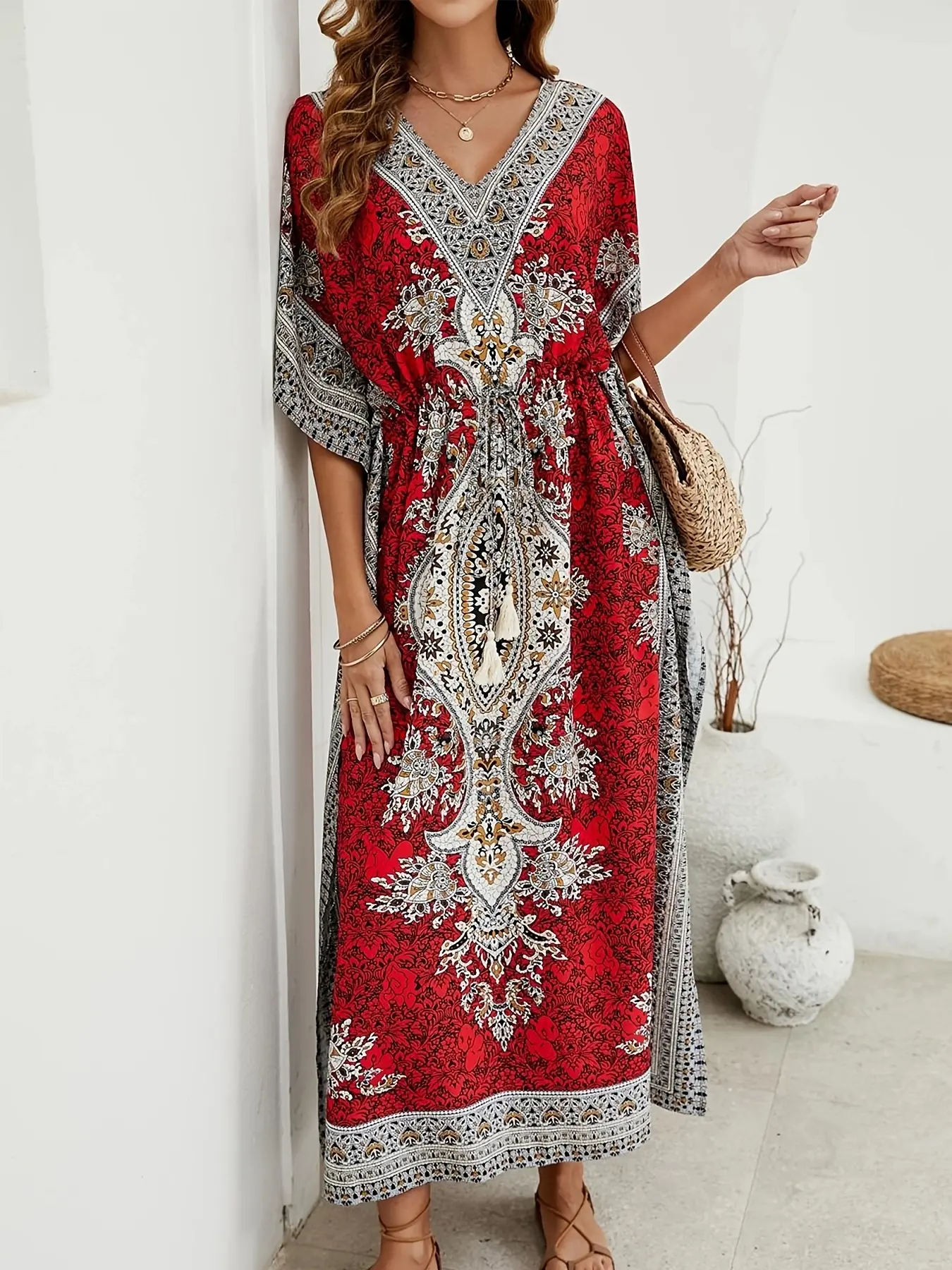 Women's Traditional Turkish Muslim Abaya, Summer Print Casual Beach Fringe Tie Dress, Elegant Long Robe for Women