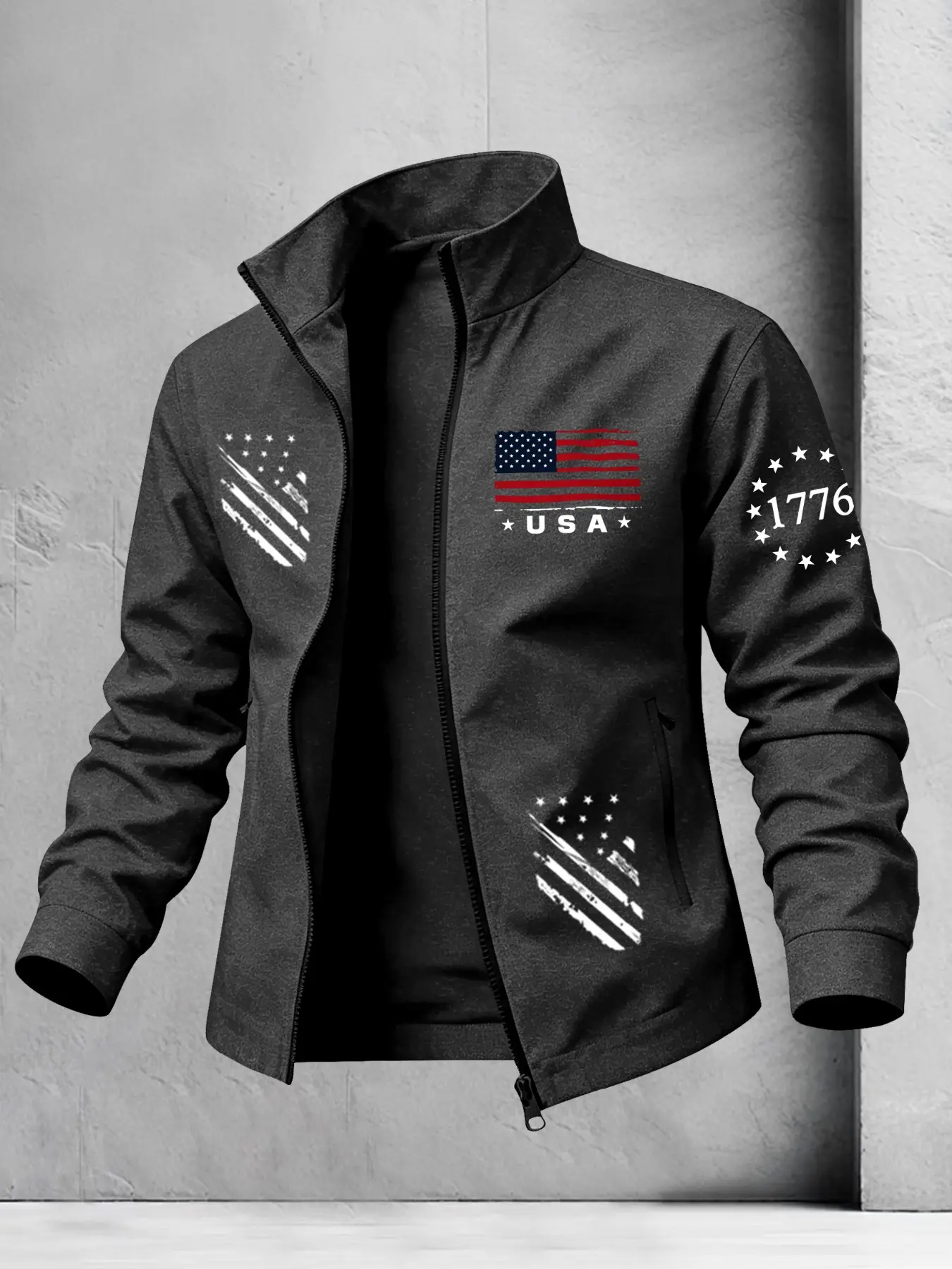 Men’s Stand Collar Full Zip Jacket, Vintage Washed 1776 American Flag Star-Stripe Prints on Chest, Sleeves & Hem, Patriotic Daily Outdoor Coat for Holiday Street Outfits#DistressedUSAFlagCoat #1776FreedomPrintOuterwear