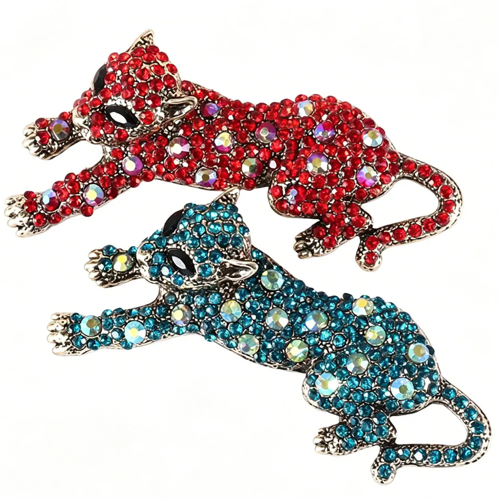 Women's Enamel Leopard Print Brooch Luxury Animal Accessories Shiny Rhinestone Brooches Perfect Birthday Gift Day