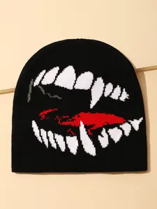 Trendy Horror Mouth Knit Beanie, Breathable Windproof Monster Fang Pattern Hat, Festival Cosplay Streetwear, Fall Winter Punk Warm Cap