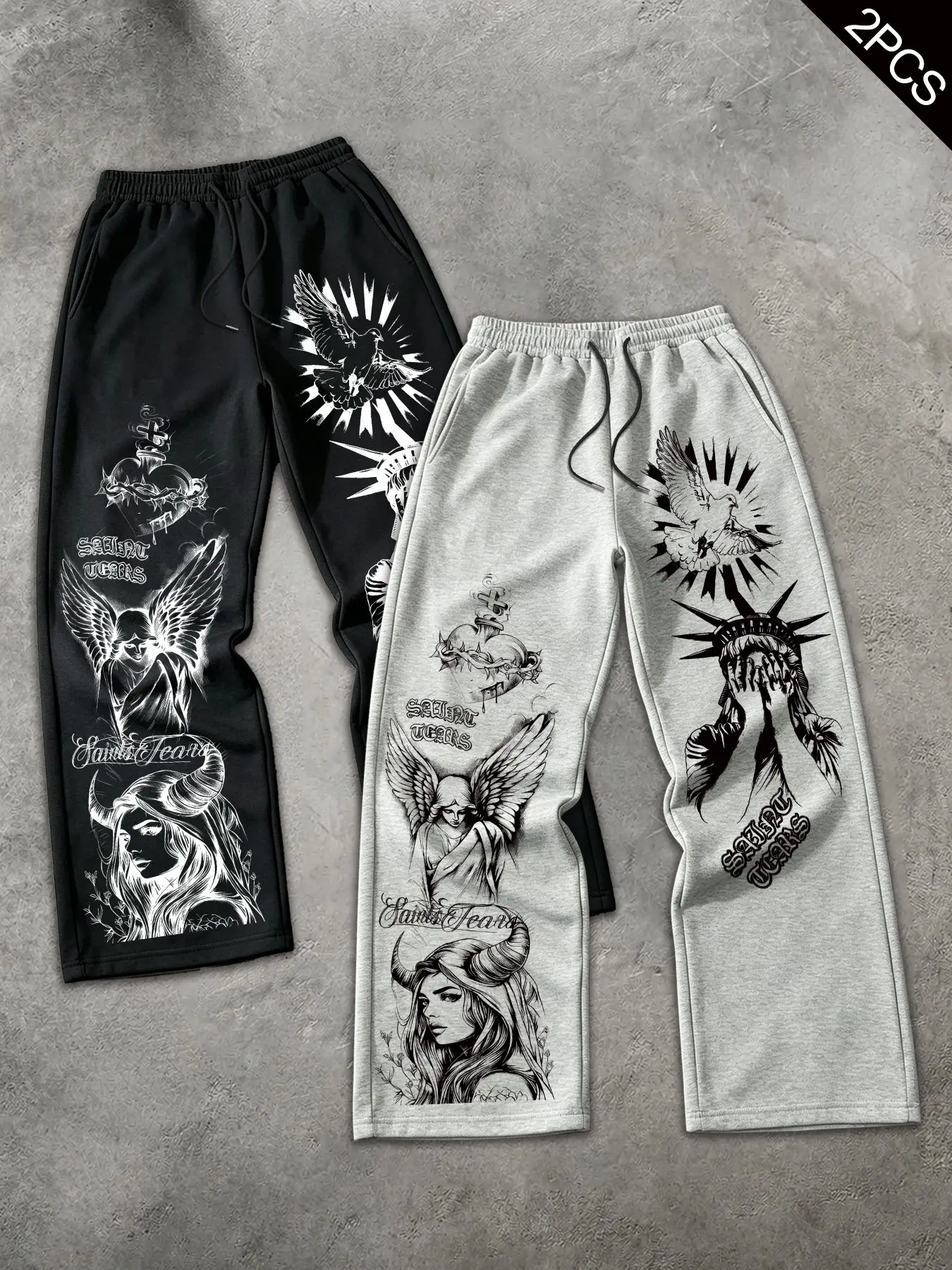 2-Pack Men's Dark Aesthetic Tattoo Graphic Wide Leg Sweatpants - Retro American Angel & Statue Print Drawstring Track Pants Casual Streetwear Pants