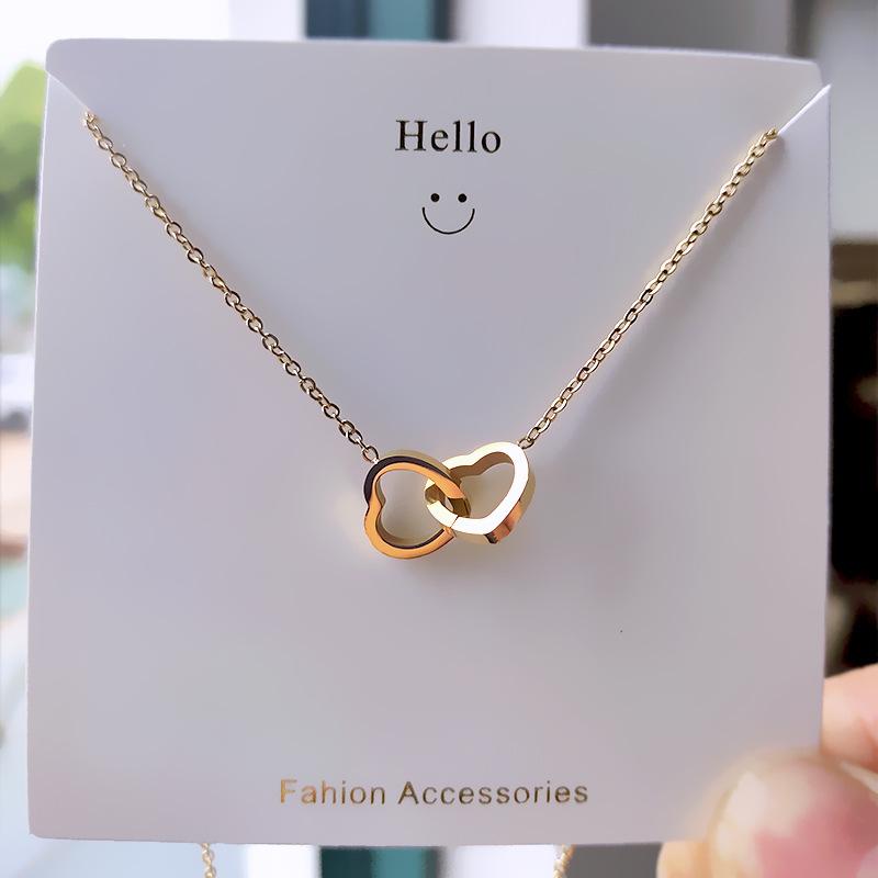 Rose Gold Double Circle Necklace Korean Style Minimalist Dainty Layered Pendant Non Tarnish Titanium Steel Waterproof Hypoallergenic Jewelry for Daily Wear Gift for Her