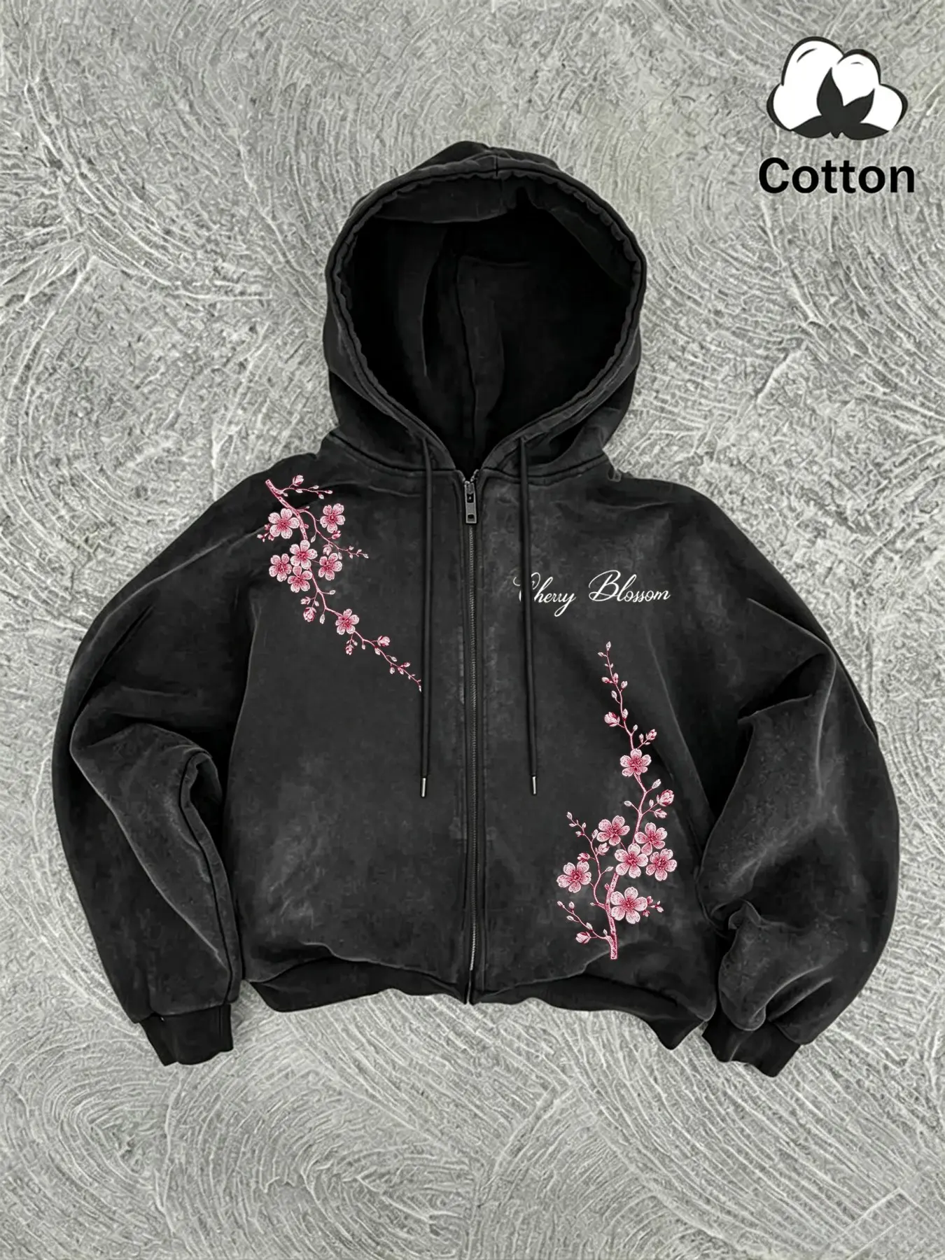 Men's Zipper Hooded Sweatshirt, Cotton Washed Vintage Fabric, American Retro Style, Cherry Blossom Print, Metal Zipper Drawstring Hood, Loose Fit