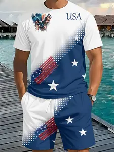 Men's 3D Digital Printed Two-Piece Set with Eagle Flag Halftone Dots, 2Pcs, Fashion Trendy Outfit, Retro Casual Two-Piece Suit, Trendy Vacation Wear, Breathable Sports Casual Style, an Ideal Holiday Gift for Men