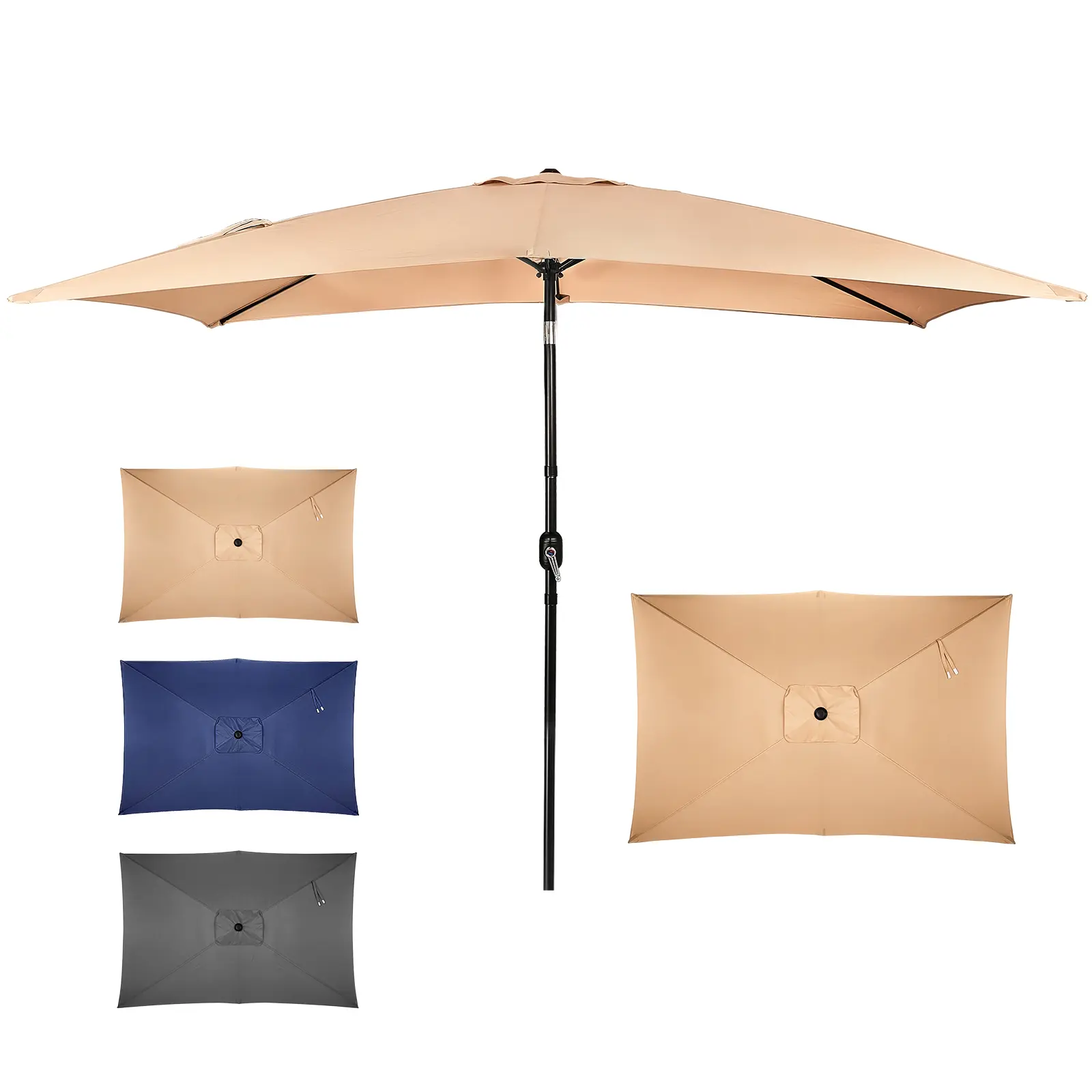Khaki 10x6.5 FT Square Patio Umbrella, Tilting Outdoor Market Umbrella with 6 Iron Ribs, Iron Pole & Polyester Fabric for Outdoor Sun Shade