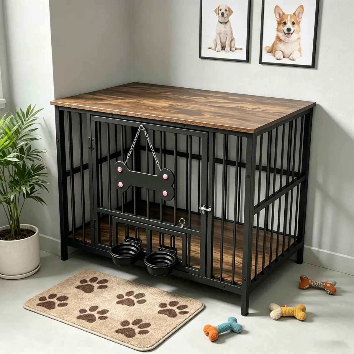 Vintage Grain Finish Dog Kennel Crate Edge Accessory, 360-Degree Rotating Bowl, Safety-Grade Soft Silicone Material for Pet Feeding Area