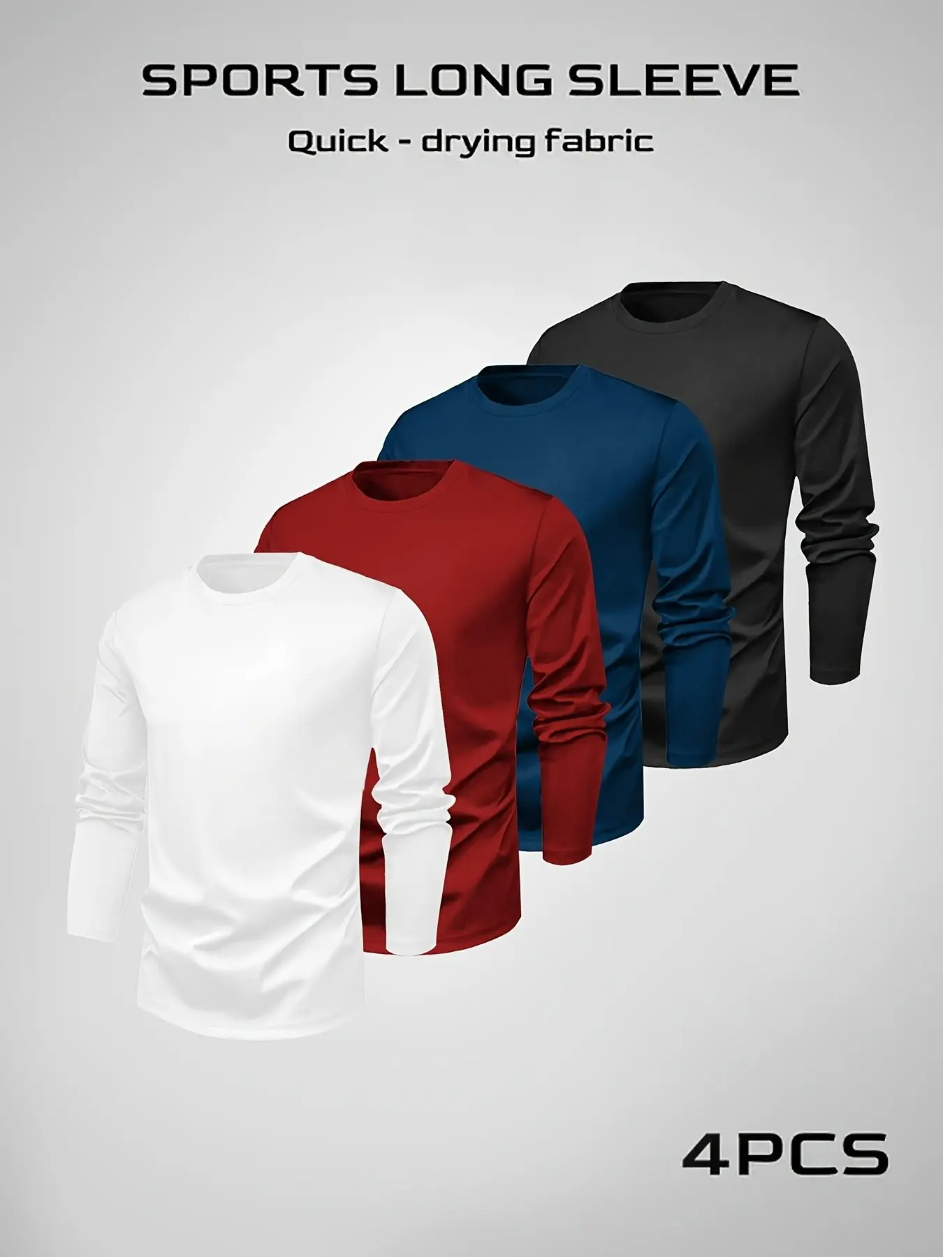 Men's Long Sleeve Round Neck T-Shirt Set, Casual Athletic Style Knit Polyester Top, Elastic Basic Solid Color, All Season Sport Wear, Gift for Boyfriend
