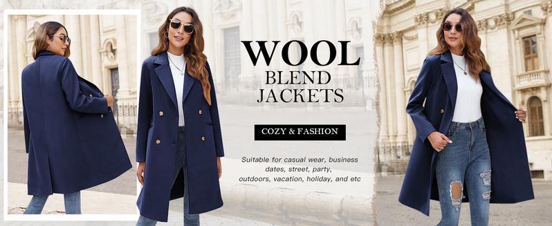 Yousify Womens Notched Lapel Collar Double Breasted Pea Coat Winter Wool Blend Over Coats Long Jackets