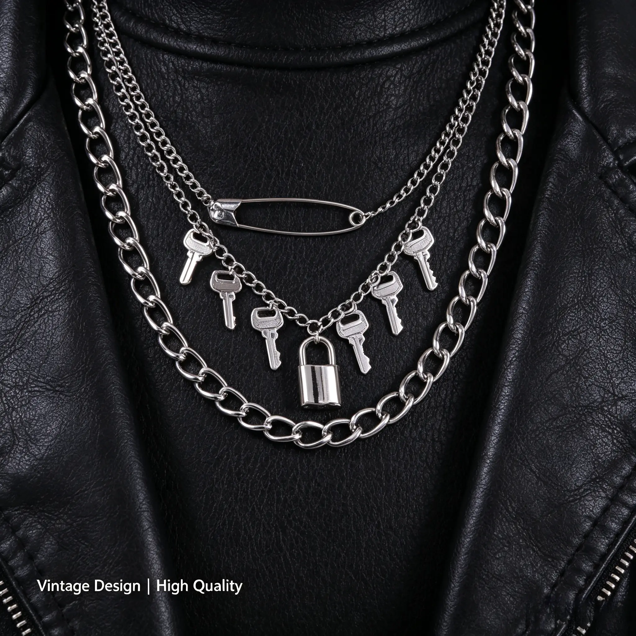 Vintage Hip Hop Punk Safety Pin Necklace for Women, Retro Edgy Multiple Keys Lock Shape Pendant Necklace, Chunky Layered Statement Choker, Y2K Gothic Cool Streetwear Neck Jewelry, Fashion Aesthetic Party Club Daily Wear Accessory Gift for Teen Girls & Lad