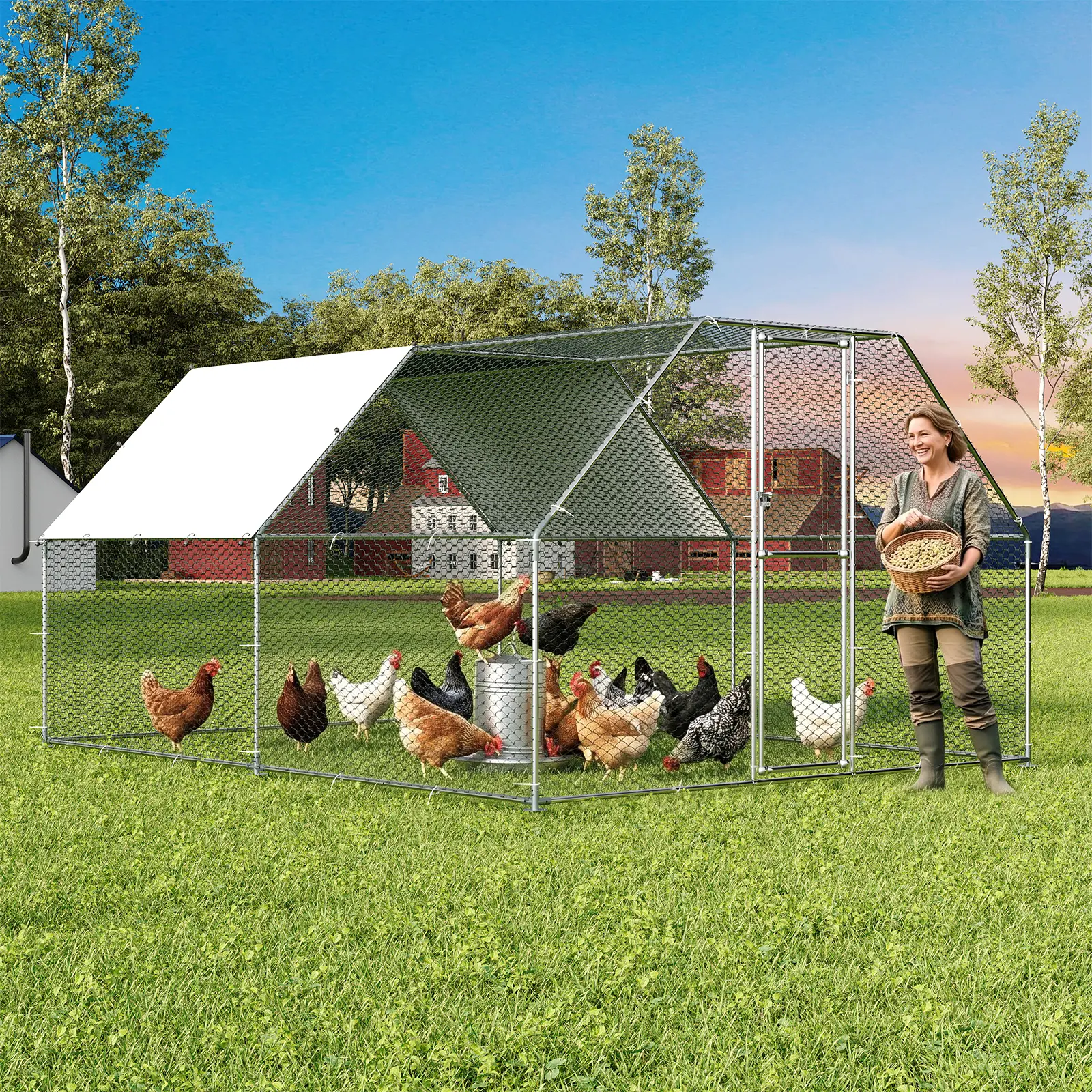 Galvanized Large Chicken Coop, Outdoor Walk-in Poultry Cage with Anti-UV Cover, Spacious Backyard Hen House