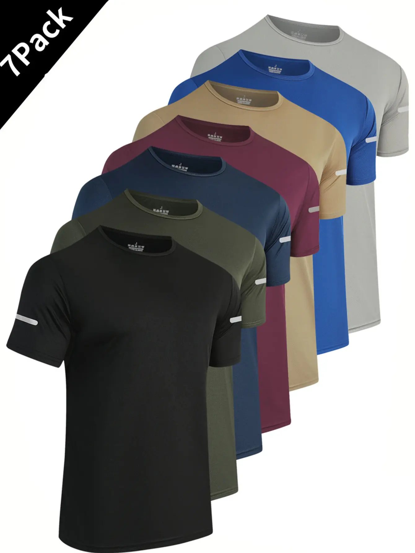 7-Pack Breathable Quick-Dry Men’s Solid Color Sports T-Shirts – Reflective Stripes, Moisture-Wicking Crew Neck T-Shirts, Suitable for Gym, Fitness, and Running