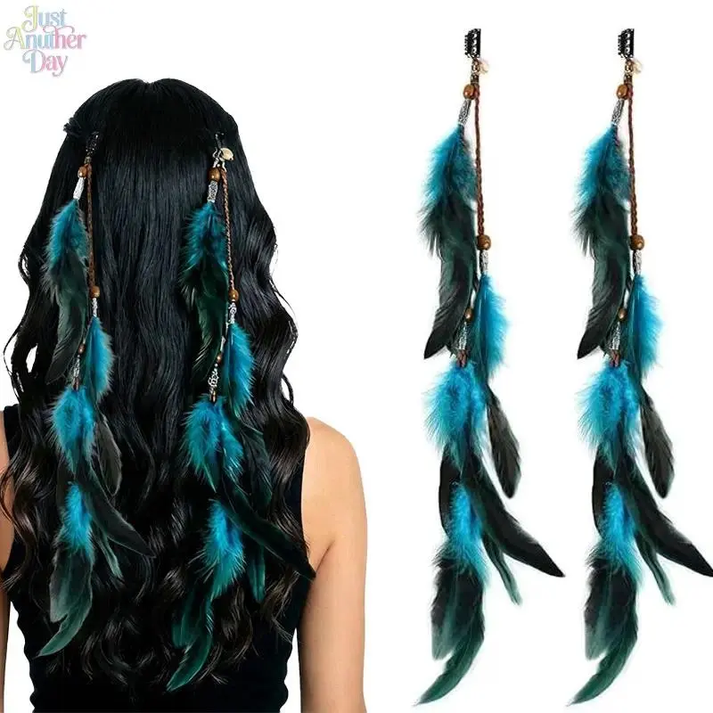 2-Pack Boho Natural Feather Hair Barrettes - Ethnic Wooden Bead Tassel BB Clips, Hippie Stuff for Festival Beach Cosplay Hair Accessories